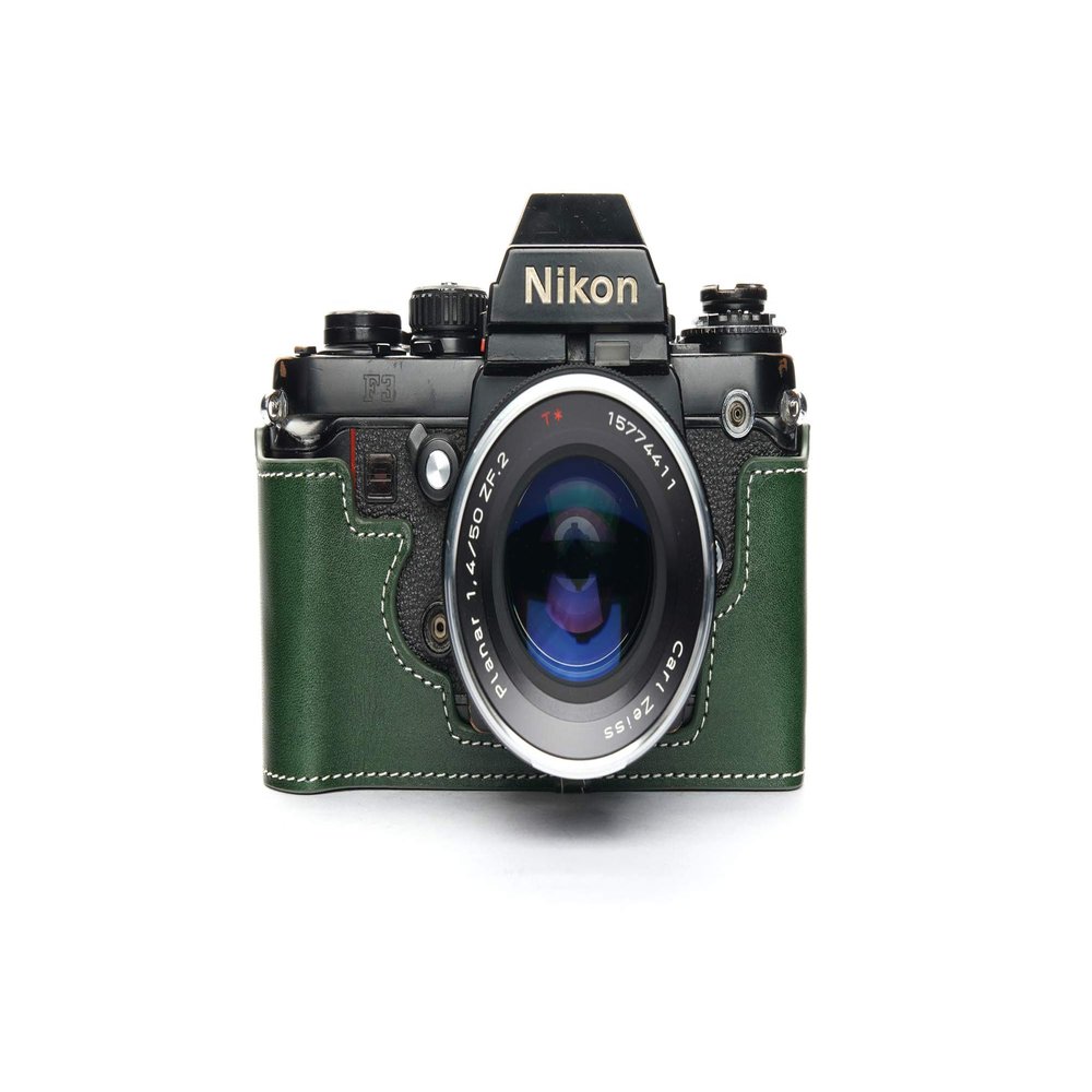 Nikon F3 Case, BolinUS Handmade Genuine Real Leather Half Camera Case Bag Cover for Nikon F3 F3HP F3AF F3T Camera with Hand Strap (Green)