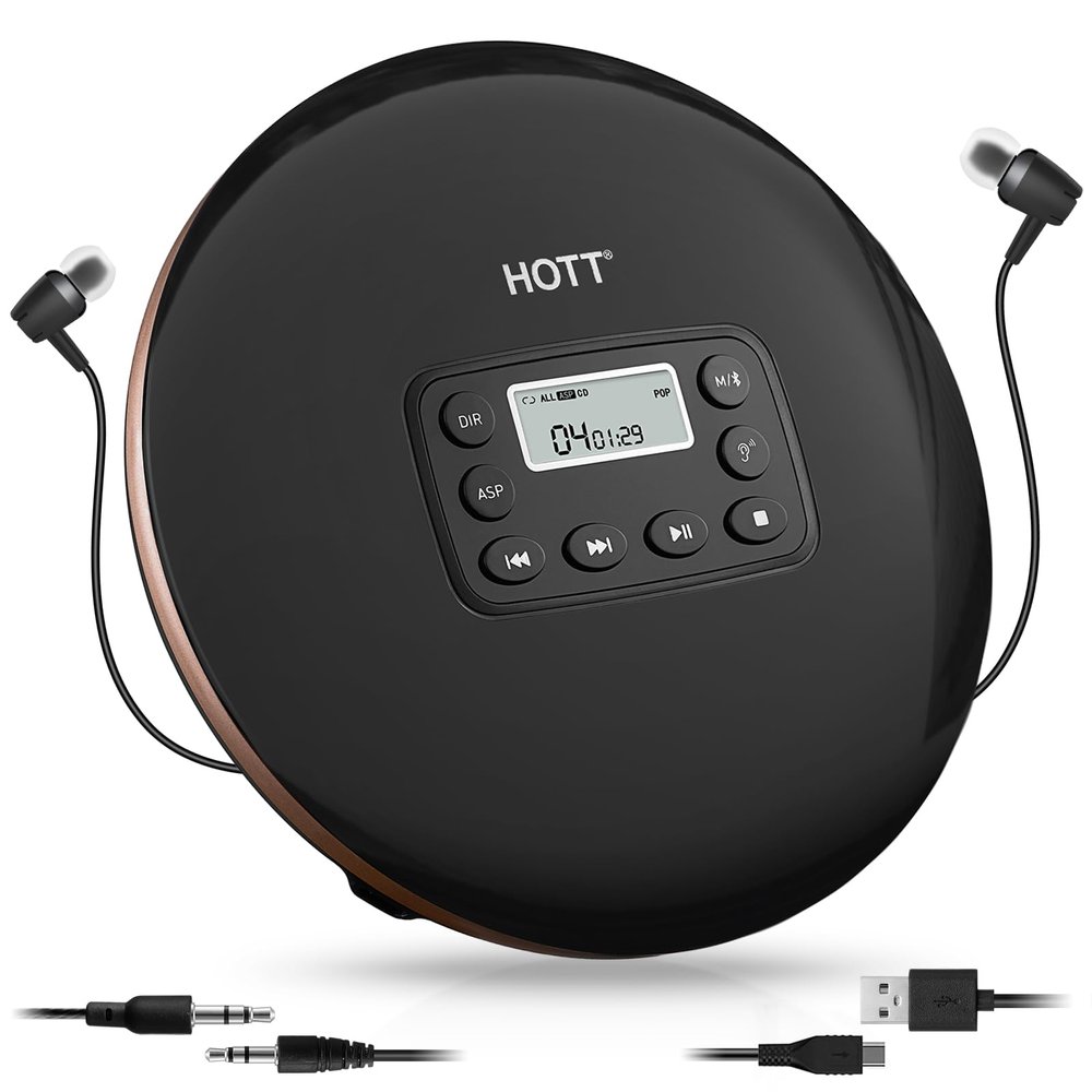 HOTT CD711T Portable CD Player with Bluetooth 5.1 Stereo Headphones and, Anti Shock Protection for Car Travel and Home