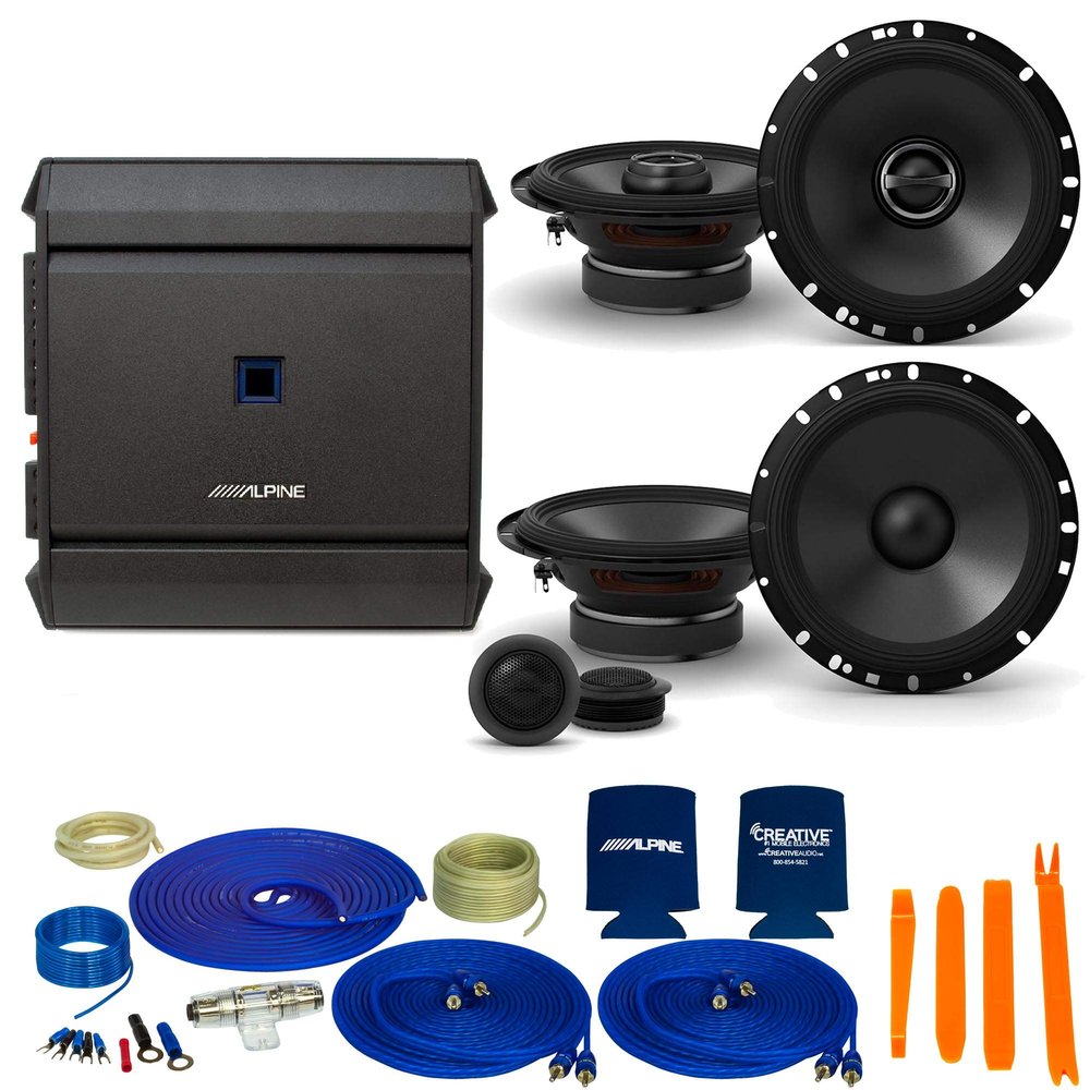 CreativeAudio Alpine 1-Pair S-S65C 6.5" Component Speakers with 1-Pair S-S65 6.5" Coax Speakers and S-A32F 320W 4-Ch Amp and Wiring