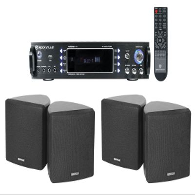 Rockville Cube Bundle: (4) 3.5 in Black Wall Speakers with Swivel Brackets, RPA60BT V2 1000-Watt 2-Channel USB Bluetooth DJ/Pro/Karaoke Amplifier Mixer, 3-Items