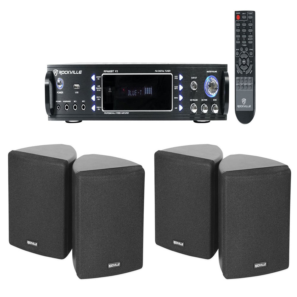 Rockville Cube Bundle: (4) 3.5 in Black Wall Speakers with Swivel Brackets, RPA60BT V2 1000-Watt 2-Channel USB Bluetooth DJ/Pro/Karaoke Amplifier Mixer, 3-Items