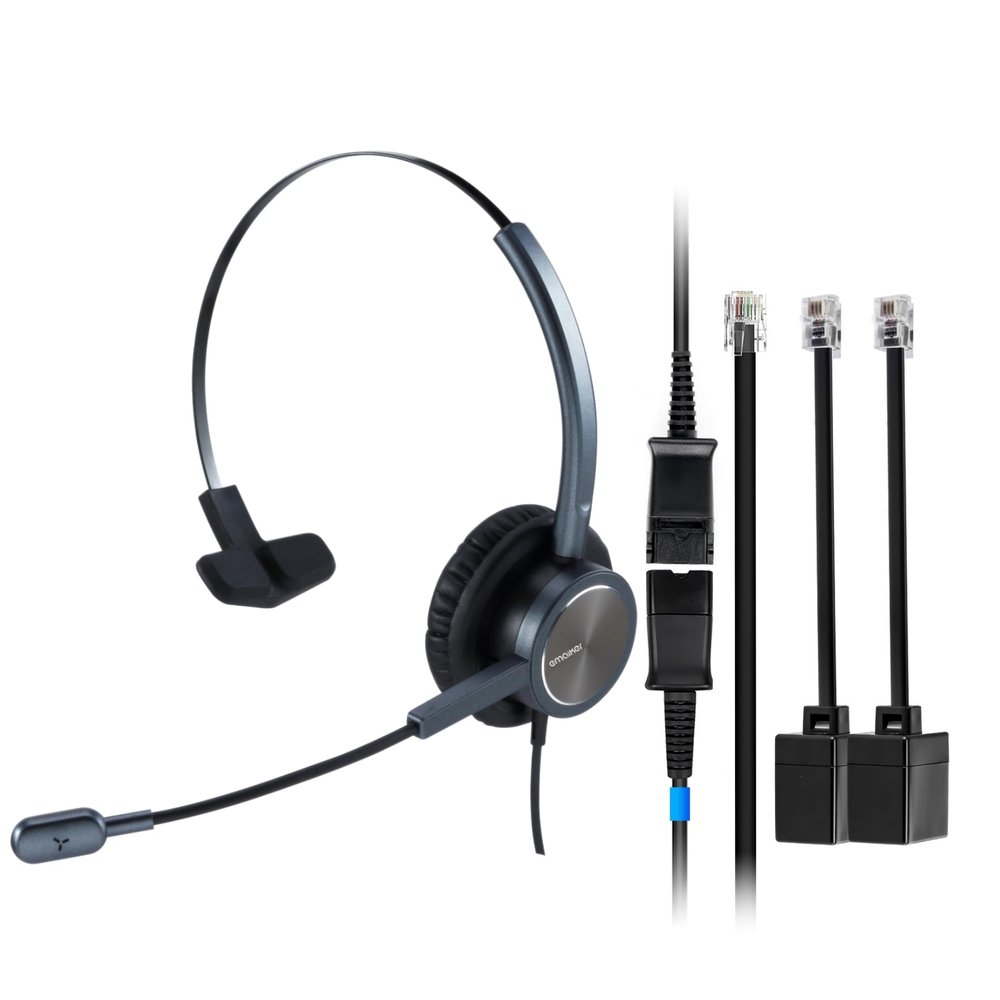 EMAIKER Wired Call Center Telephone Headphone for Deskphones, RJ9 Monaural Headset with Noise Cancelling Microphone for Office Telework, Works for Grandstream,Snom,Yealink,Fanvil IP Phones