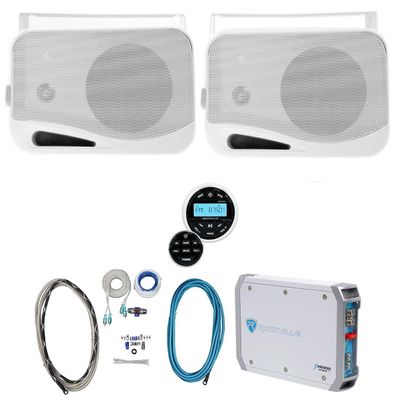 Rockville RGHR2 Bundle: Marine Boat Receiver w/Bluetooth & USB, Wired Remote, Pair HP4S 4 in Speakers, RXM-T1 Marine Amplifier 1500-Watt Peak/370-Watt RMS, RMWK4 4 AWG Amp Install Kit, 4-Items