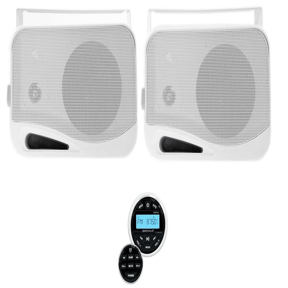 Rockville HP4S Bundle: (1) Pair 4 in 360-Watt Outdoor/Indoor Home Theater Speakers, RGHR2 Marine Gauge Hole Receiver w/Bluetooth, USB, Radio,Wired Remote, 3-Items