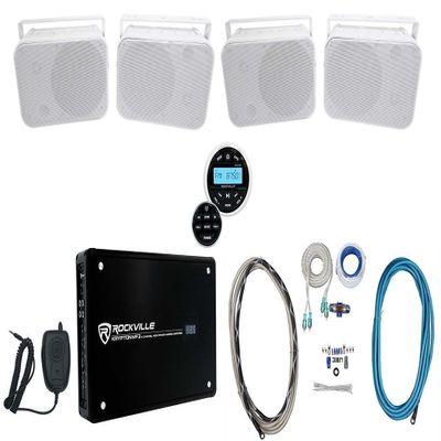 Rockville HP65S Bundle: (2) Pair 6.5" Outdoor Speakers 500W Peak/160W RMS, RGHR2 Marine Receiver Bluetooth USB, Krypton MF3 1600W Peak/400W RMS Amplifier, RMWK4 4 AWG Waterproof Wire Kit, 5-Items
