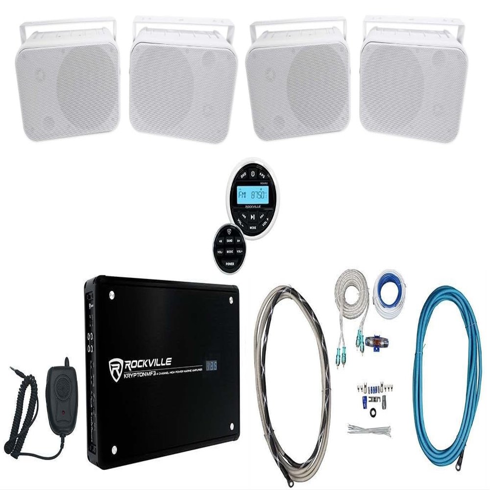Rockville HP65S Bundle: (2) Pair 6.5" Outdoor Speakers 500W Peak/160W RMS, RGHR2 Marine Receiver Bluetooth USB, Krypton MF3 1600W Peak/400W RMS Amplifier, RMWK4 4 AWG Waterproof Wire Kit, 5-Items