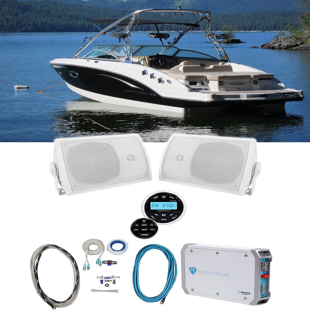Rockville RGHR2 Marine Boat Receiver w/Bluetooth USB+(2) 5.25" Box Speakers+Amp