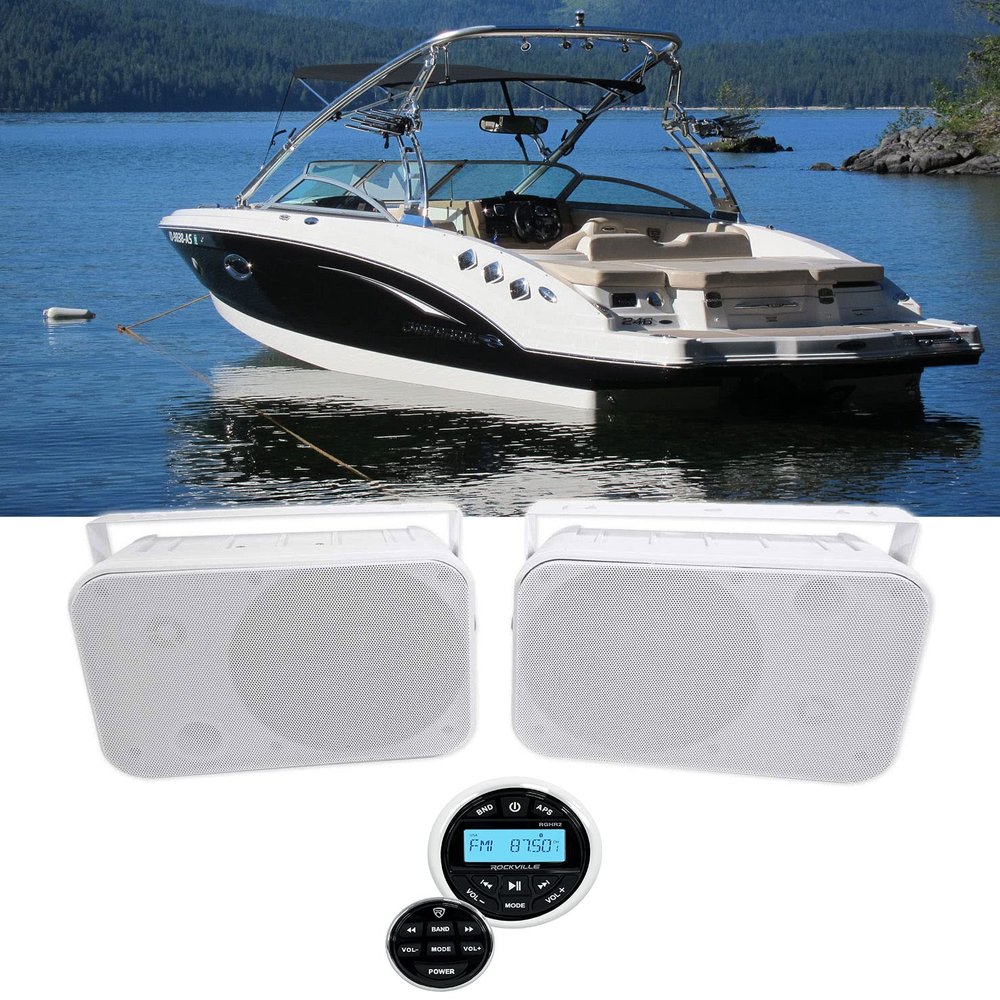 Rockville RGHR2 Bundle: Marine Gauge Hole Receiver with Bluetooth USB Radio Remote, Pair 6.5 in HP65S Outdoor Indoor Home Theater Speakers with Swivel Bracket for Boat, 3-Items