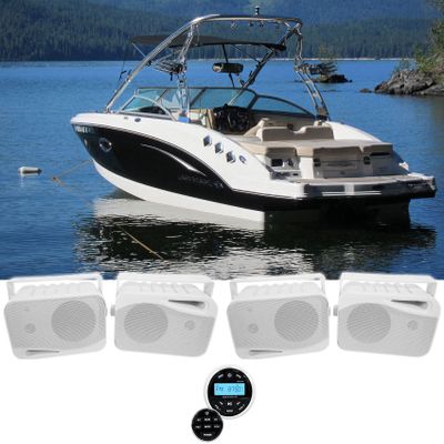 Rockville HP4S Bundle: (4) 4" 360W Outdoor/Indoor Home Theater Speakers with Swivel Bracket, RGHR2 Marine Gauge Hole Receiver with Bluetooth, USB, Radio, Wired Remote, Weather Resistant, 5-Item