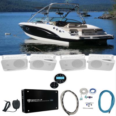 Rockville HP4S Bundle: (4) 4" 360W Indoor/Outdoor Home Theater Speakers with Swivel Bracket, RGHR2 Marine Bluetooth Gauge Receiver, KRYPTON MF3 1600W 4-Channel Marine Amplifier, RMWK4 Wire Kit, 7-Item