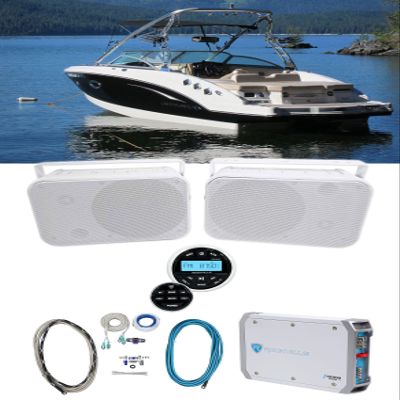 Rockville RGHR2 Bundle: (2) HP65S 6.5 in Outdoor Indoor Speakers, RGHR2 Marine Gauge Receiver with Bluetooth USB and Wired Remote, RXM-T1 2-Ch Marine Amplifier, RMWK4 Amp Install Wire Kit, 5 Items