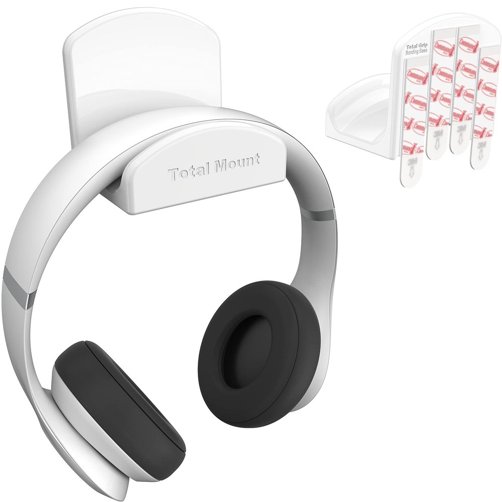 TotalMount Headphone Hanger  Includes Removable Adhesive Strips for Easy, Damage-Free Wall, Desk, or PC Mounting (Premium White Headphone Hook  One Pack)