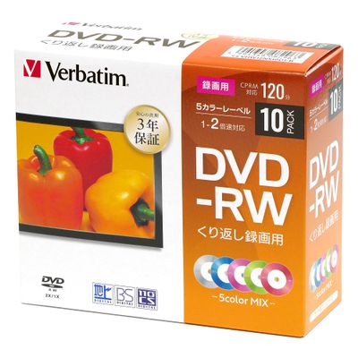 Mitsubishi Chemical Media VHW12NX10D1-B DVD-RW CPRM 120 Minutes 10 Pieces 0.2 Inch (5 mm) Plastic Case 5 Color Mix 1 Layer 1 to 2 X Speed