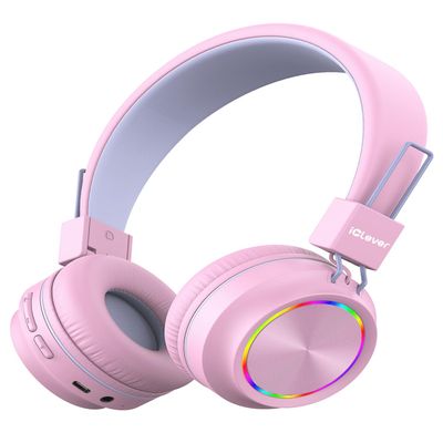 iClever BTH03 Kids Bluetooth Headphones, Colorful LED Lights, 35H Playtime, Bluetooth 5.4, Type C Fast Charging, Safe Volume, Stereo Sound Mic, On Ear Kids Wireless Headphones for iPad Airplane, Pink