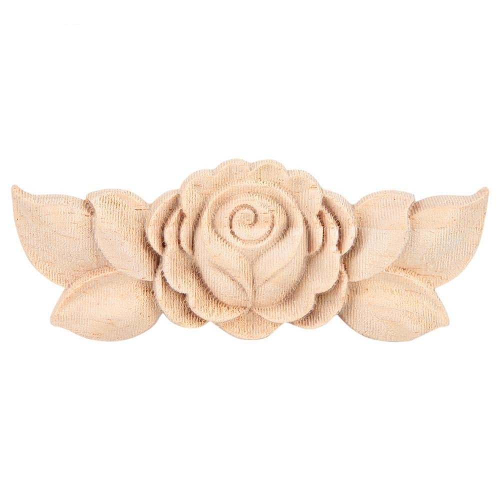 Mumusuki Wood Carved Appliques Onlay, 4Pcs Unpainted Rose Flower Carved Corner Onlay for Cupboard Cabinet Wall Decor