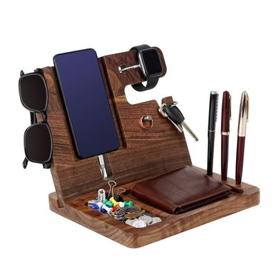 Gift for Men-Custom Wooden Docking Station, Engraved Desk Organizer, Nightstand Docking Station, Charge Station, Phone Holder, Watch Stand, Glasses, Key Stand, Birthday Gift for Colleagues(Walnut)