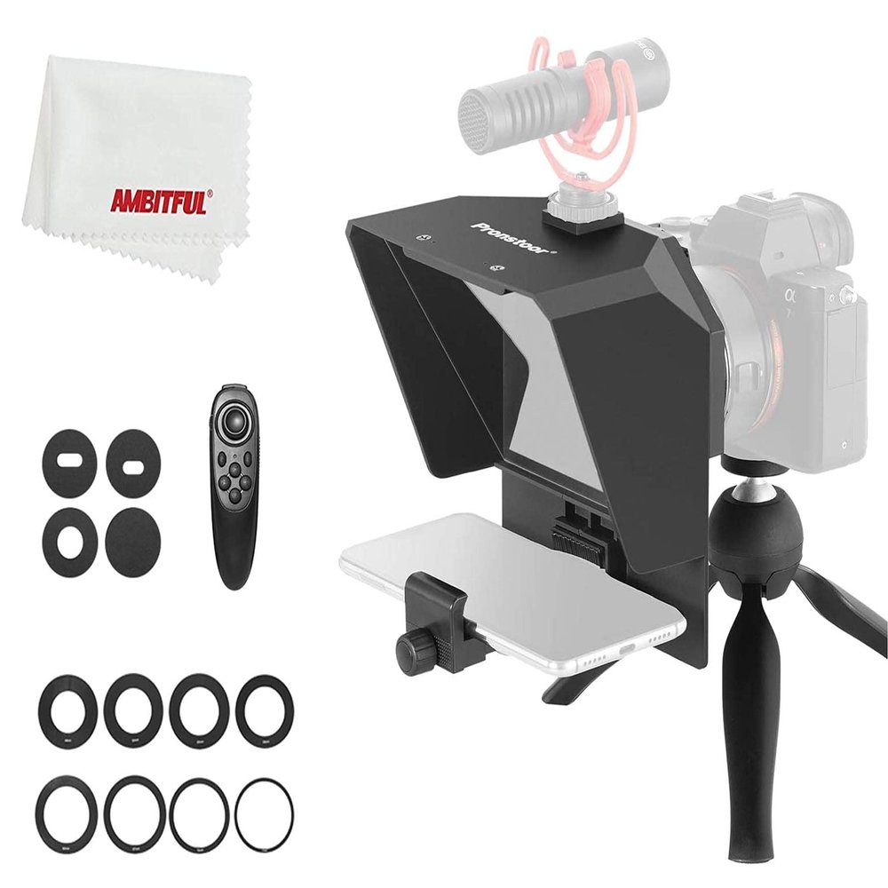 AMBITFUL Portable Teleprompter Kit - 7.5'' Mini Teleprompter with Desktop Tripod &Remote Control for Phone and DSLR Recording