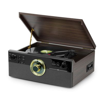 All-in-One Record Player with CD and Cassette, 3-Speed Bluetooth Turntable with Built-in Speakers, USB Recording
