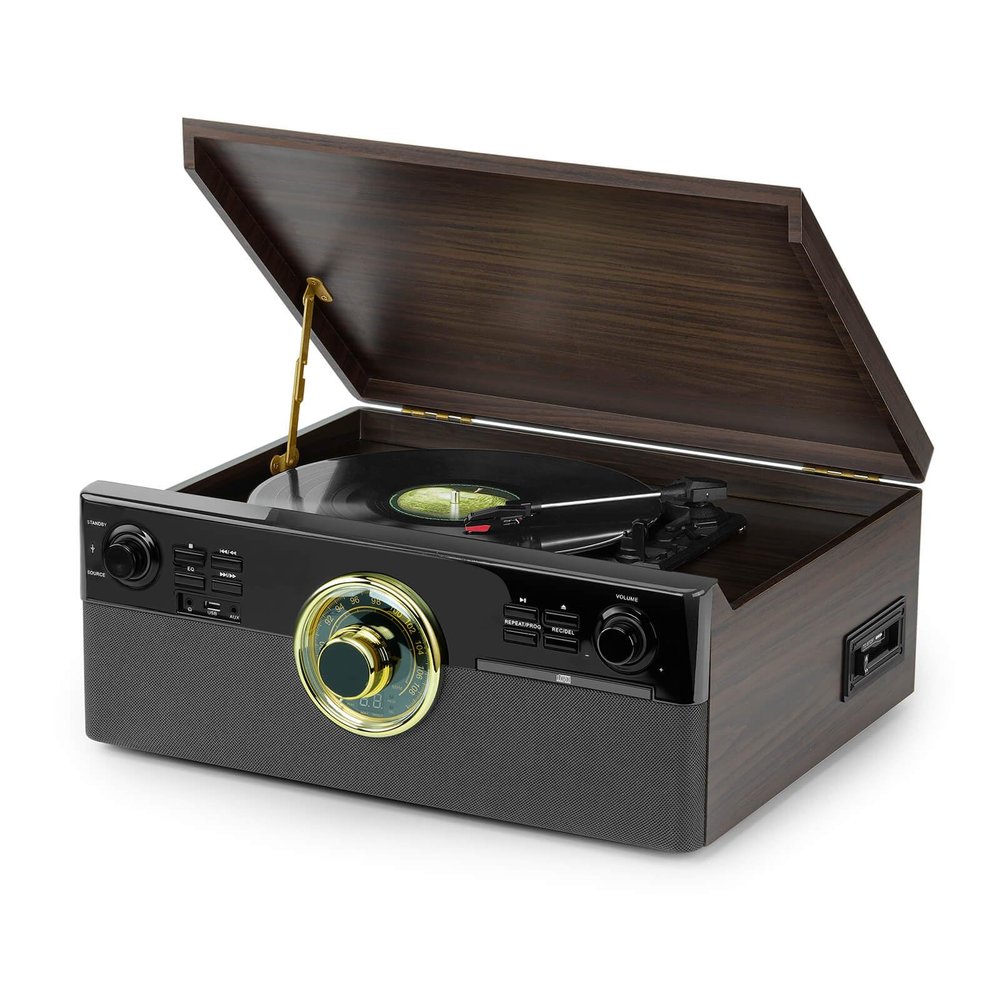 All-in-One Record Player with CD and Cassette, 3-Speed Bluetooth Turntable with Built-in Speakers, USB Recording