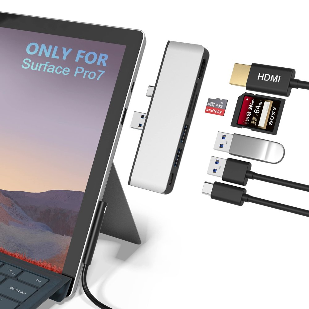 Surface Pro 7 USB C Hub, 6-in-2 Aluminum Surface Pro 2019 Dock with 4K HDMI Adapter+ USB C Audio & Data Transfer Port +2 USB 3.0+SD/TF Card Reader, Converter Combo Adaptor for Surface Pro 7