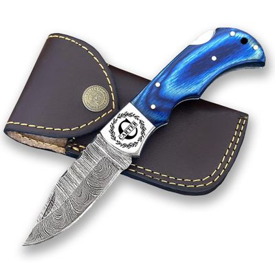 WINTERFELL Personalized Engraved Damascus Steel Pocket Folding Knife Custom Groomsmen Gifts Gift for Husband Dad Blade Made of Authentic Damascus Steel 100% Handmade 6.5" Knife for Outdoor Camping Back Lock (Personalized Blue)