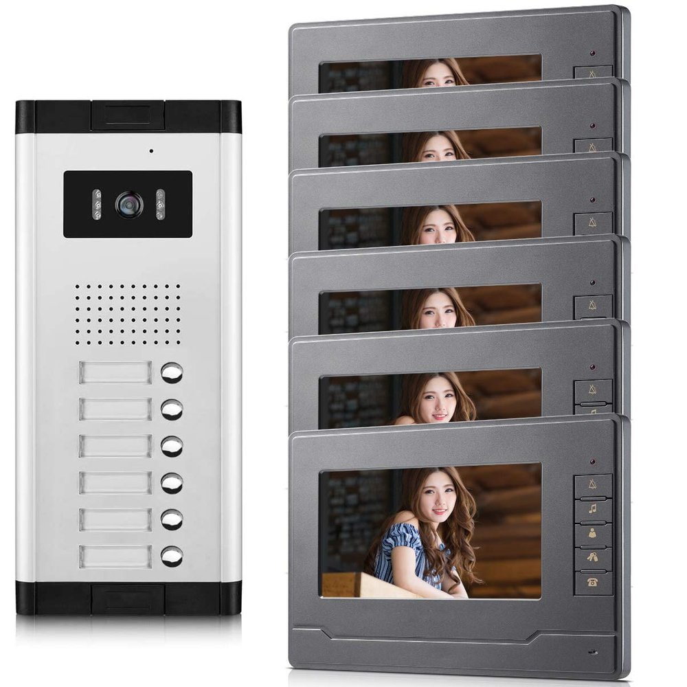 AMOCAM 6 Units Apartment Video Door Phone Kit, Video Intercom System Include 1 pcs Night Vision Camera, 6 pcs 7" LCD Monitor Wired Video Doorbell System, Support Monitoring, Unlock, Dual Way intercom