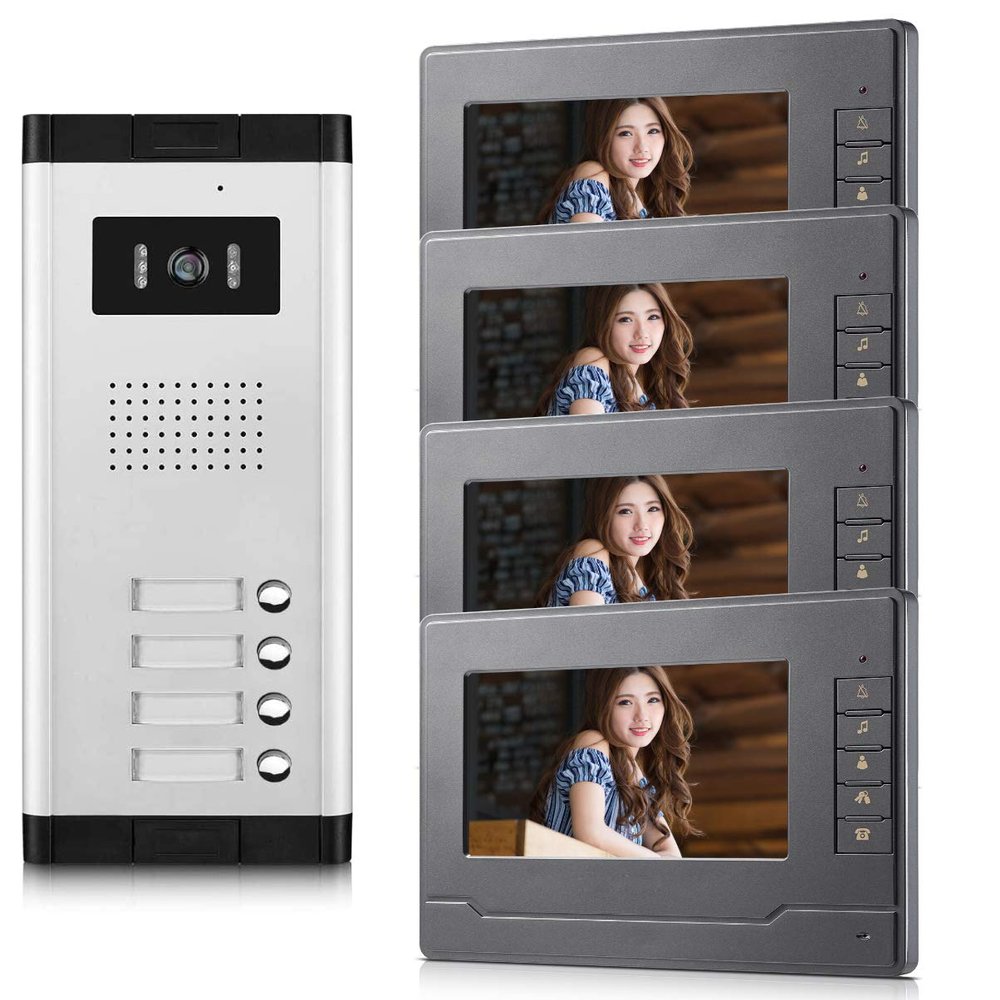 AMOCAM 4 Units Apartment Video Door Phone Kit, Video Intercom System Include 1 pcs Night Vision Camera, 4 pcs 7" LCD Monitor Wired Video Doorbell System, Support Monitoring, Unlock, Dual Way intercom