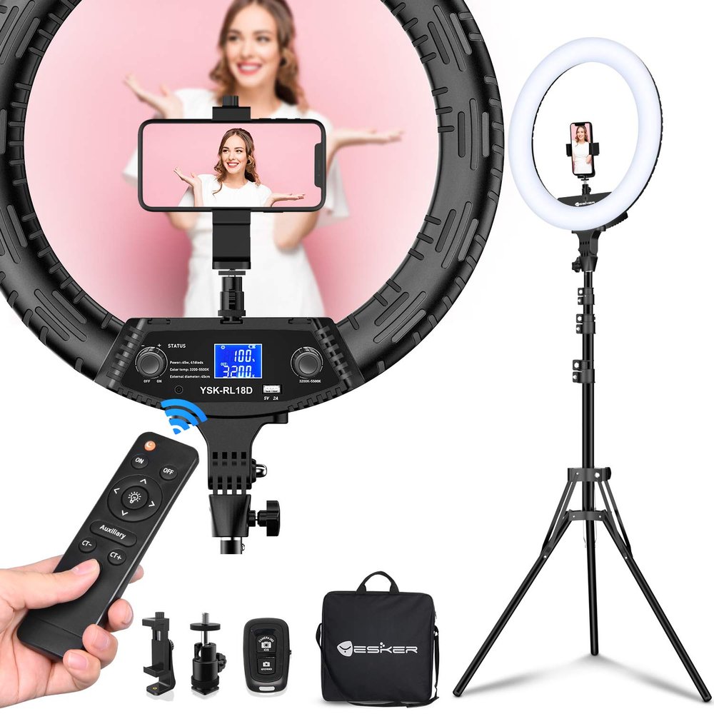 Yesker Ring Light 18" Wireless Remote LCD Screen with Tripod Stand 65W LED Ringlight Bi-Color 3200-5500K CRI95 for Portrait Live Stream Photography Tiktok Video Zoom Meeting Online Teaching