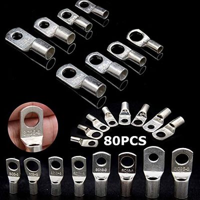 Davitu Terminals - 80PCS SC Tinned Copper Lug Ring Wire Connectors Bare Cable Terminal Cable Lugs Terminals Assorted Kit