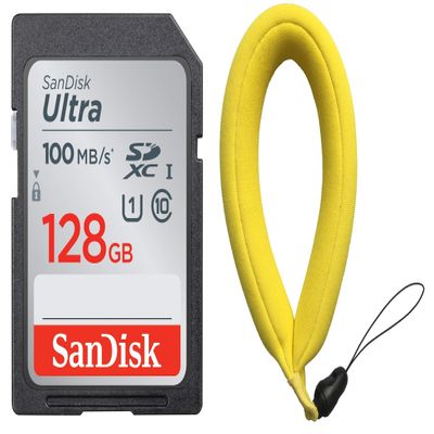 SanDisk 128GB SD Ultra Memory Card for Waterproof Camera Works with Olympus Tough TG-6, TG-5, TG-4, TG-3, TG-870 (SDSDUNR-128G-GN6IN) Plus (1) Everything But Stromboli Underwater Float Lanyard