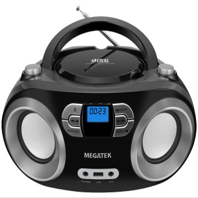 MEGATEK Portable CD Player Boombox with FM Radio, Bluetooth, USB Port, AUX Input, and Headphone Jack CD-R/CD-RW/MP3-CD Compatible, Clear Stereo Sound, Backlit LCD Display Black