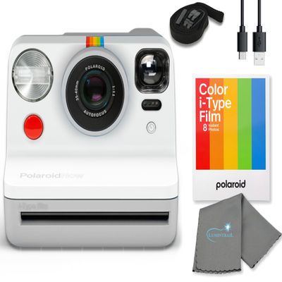 Polaroid Gen 2 Now I-Type Instant Film Camera - White Bundle with a Color i-Type Film Pack (8 Instant Photos) and a Cleaning Cloth
