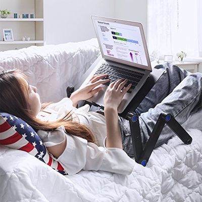 Foldable Laptop Stands, Adjustable Laptop Bed Desk, Portable Laptop Workstation Vented Notebook Stand Laptop Holder with 2 CPU Cooling Fans and Removable Mouse Pad for Bed, Couch Sofa, Office