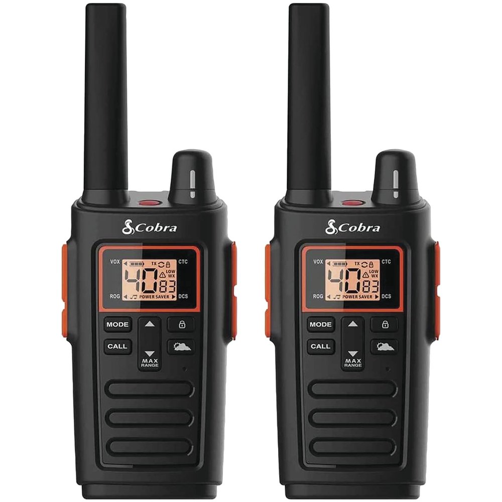 Cobra RX380 Walkie Talkies (2-Pack) Weather Resistant Two Way Radios Long Range, 40 Pre-Programmed Channels, Weather Alerts, LED Flashlight, Long-Life NiMH Batteries (Black)