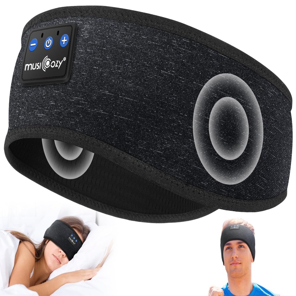 MUSICOZY Sleep Headphones Bluetooth 5.4 Headband, Wireless Earphones Music Sleep Earbuds Sleeping Eye Mask with HD Stereo Speakers for Workout Running Travel Yoga, Ideal Gifts for Men Women(Black)