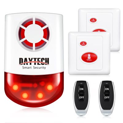 Daytech Wireless Security Alarm System with Strobe Siren - Panic Buttons & SOS Alert for Home, Retail Stores (2 Remotes + 2 Buttons, Loud 120dB, Weatherproof)