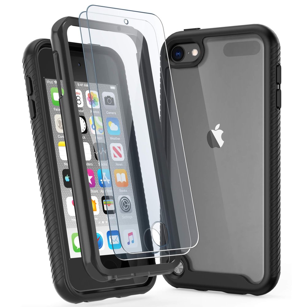 ULAK Compatible with iPod Touch 7th/6th/5th Generation Case with 2PCS HD Screen Protector, Heavy Duty Shockproof Protective 2 in 1 Transparent Back Cover for iPod Touch 5/6/7, Black