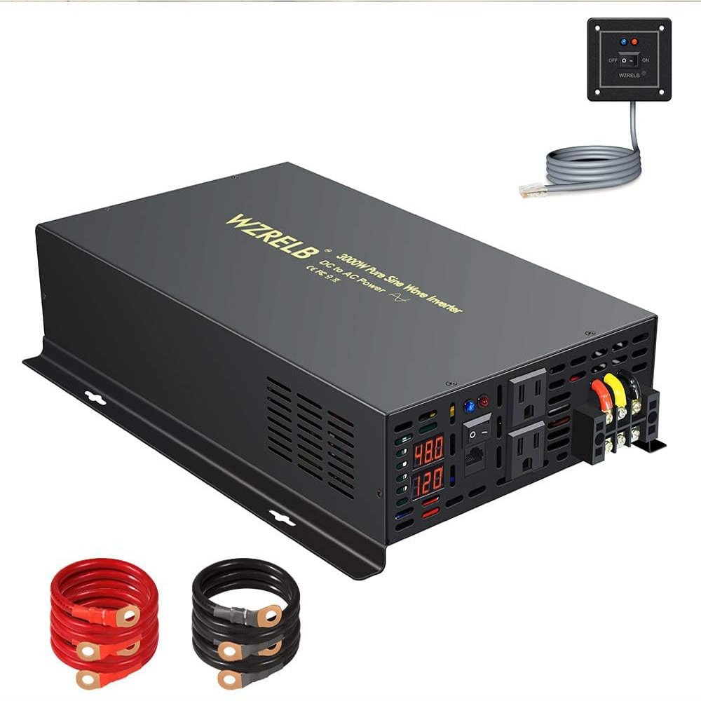 WZRELB 3000W 48VDC 120VAC Pure Sine Wave Power Inverter with 2 AC Outlets Wired Remote Control Car Inverter