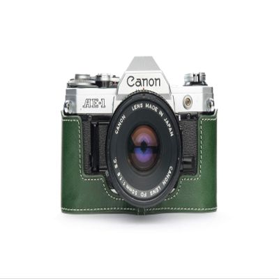 A-1 Case, BolinUS Handmade Genuine Real Leather Half Camera Case Bag Cover for Canon AE-1 A-1 (NO Handle) Camera with Hand Strap (Green)