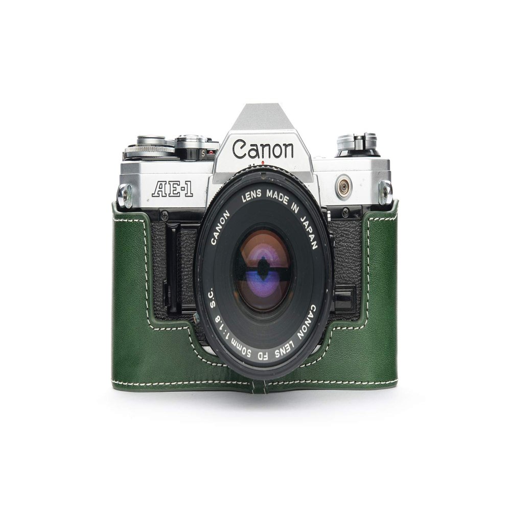 A-1 Case, BolinUS Handmade Genuine Real Leather Half Camera Case Bag Cover for Canon AE-1 A-1 (NO Handle) Camera with Hand Strap (Green)
