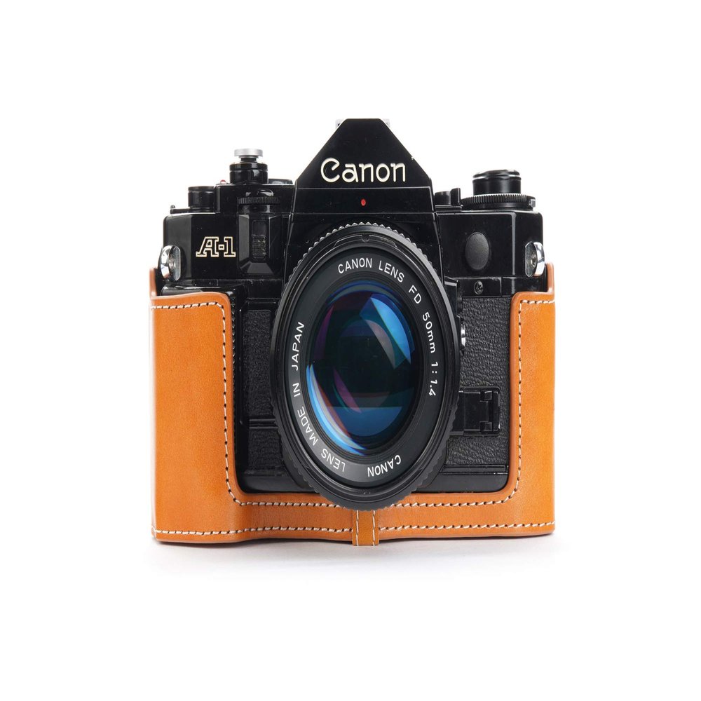A-1 Case, BolinUS Handmade Genuine Real Leather Half Camera Case Bag Cover for Canon New AE-1 AE-1P A-1 (with Handle) Camera with Hand Strap (Yellow)