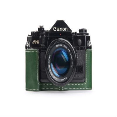 A-1 Case, BolinUS Handmade Genuine Real Leather Half Camera Case Bag Cover for Canon New AE-1 AE-1P A-1 (with Handle) Camera with Hand Strap (Green)