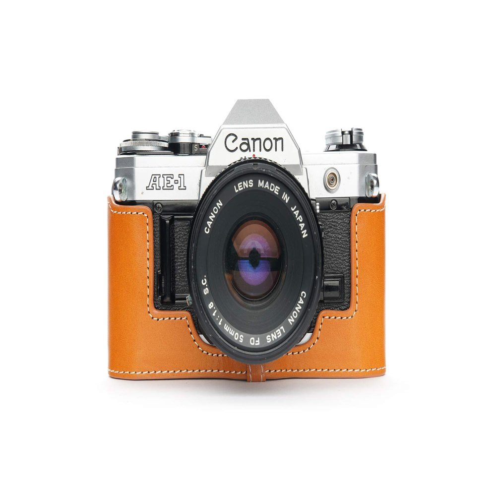 A-1 Case, BolinUS Handmade Genuine Real Leather Half Camera Case Bag Cover for Canon AE-1 A-1 (NO Handle) Camera with Hand Strap (Yellow)