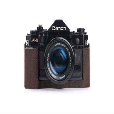 A-1 Case, BolinUS Handmade Genuine Real Leather Half Camera Case Bag Cover for Canon New AE-1 AE-1P A-1 (with Handle) Camera with Hand Strap (Coffee)