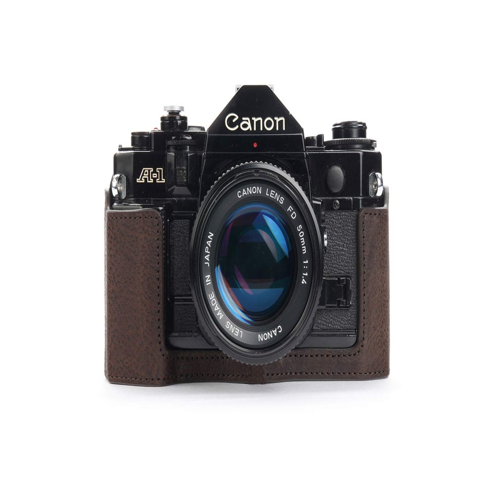 A-1 Case, BolinUS Handmade Genuine Real Leather Half Camera Case Bag Cover for Canon New AE-1 AE-1P A-1 (with Handle) Camera with Hand Strap (Coffee)