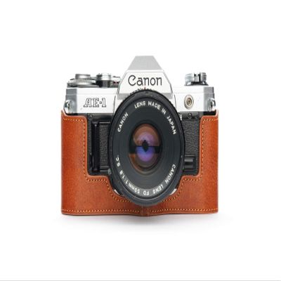 A-1 Case, BolinUS Handmade Genuine Real Leather Half Camera Case Bag Cover for Canon AE-1 A-1 (NO Handle) Camera with Hand Strap (LavaBrown)
