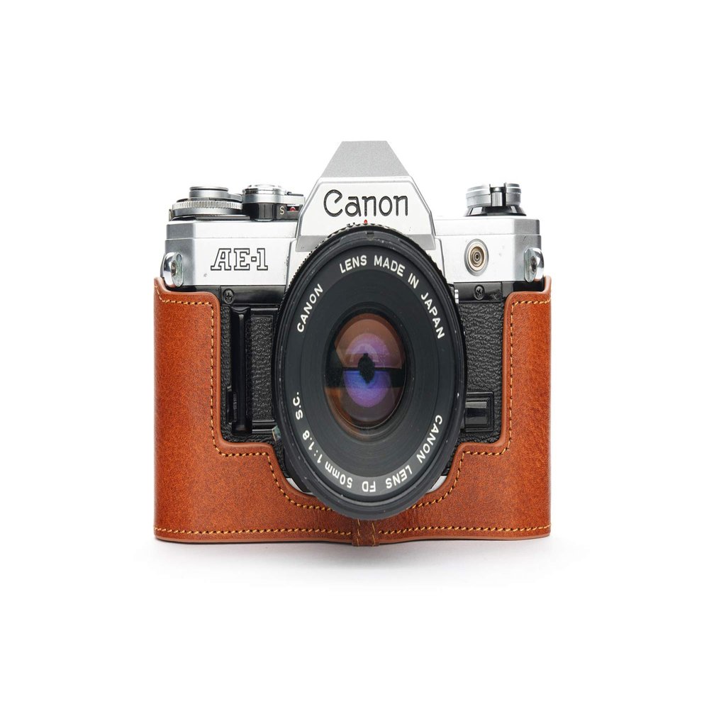 A-1 Case, BolinUS Handmade Genuine Real Leather Half Camera Case Bag Cover for Canon AE-1 A-1 (NO Handle) Camera with Hand Strap (LavaBrown)