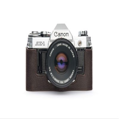 A-1 Case, BolinUS Handmade Genuine Real Leather Half Camera Case Bag Cover for Canon AE-1 A-1 (NO Handle) Camera with Hand Strap (Coffee)