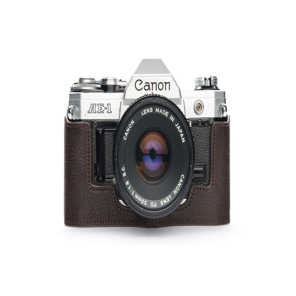A-1 Case, BolinUS Handmade Genuine Real Leather Half Camera Case Bag Cover for Canon AE-1 A-1 (NO Handle) Camera with Hand Strap (Coffee)