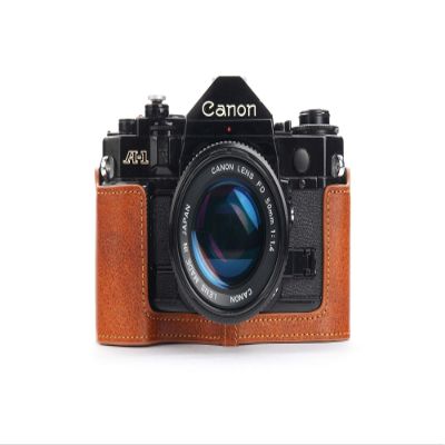 A-1 Case, BolinUS Handmade Genuine Real Leather Half Camera Case Bag Cover for Canon New AE-1 AE-1P A-1 (with Handle) Camera with Hand Strap (LavaBrown)